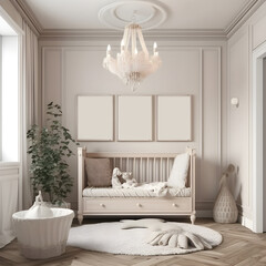 mockup of three frames on the wall in a kids room featuring traditional elements, ceiling moldings, and a large window 