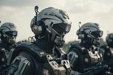 many futuristic military cyborgs outdoors on field. wars of the future, combat robots fully replace 