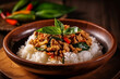 White rice and minced spicy pad krapow gai, Thailand food. Generative AI
