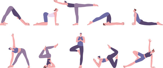 Wall Mural - Training yoga characters, aerobic and stretch exercise. Meditate poses, balance morning or evening sport practice. Pilates kicky vector workout