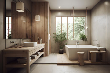 Contemporary and minimalist open floor plan bathroom with white and wooden interior japanese inspired