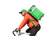 © muse studio - A courier in a cap, a cyclist in a uniform, food delivery in a thermos bag to a client, ecotransport. Transparent background, png.