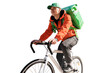 © muse studio - Courier cyclist in uniform food delivery in a thermos bag to the client, eco-transport. Transparent background, png.