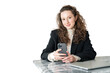 © muse studio - A woman with glasses in a jacket and shirt is using the phone, a student manager in the office is happy, transparent background, png.