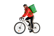 Courier By Bike Food Delivery To Order, Eco-transport, Thermo Bag. Transparent Background, Png.