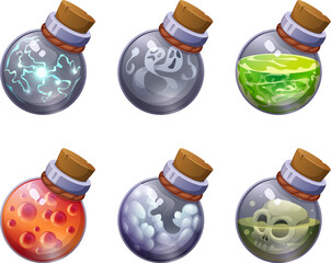Wall Mural - Magic venom. Transparent glass fairytale alchemy elixir bottles exact vector cartoon mystery game assets in cartoon style