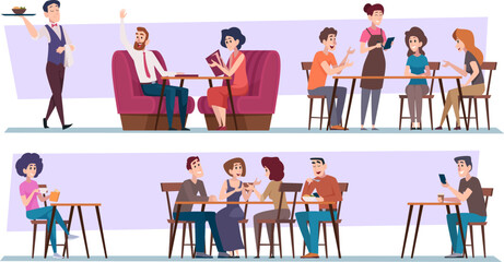 Wall Mural - Friends meeting. Couples male and female seating in restaurant dinner relax time exact vector illustrations