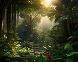 Fototapeta  - A fantasy forest with dense vegetation and sunlight beams. (Generative AI)