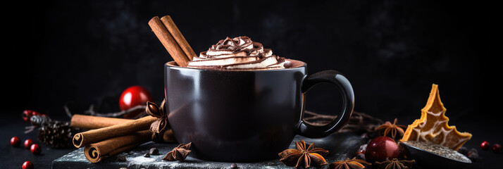 Wall Mural - Hot Chocolate Cocoa Drink with Cream Foam in Mug with Cinnamon stick on Granite Black table. Beverage in Cup. Copy space Dark background. generative ai