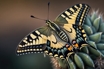 Poster - colorful butterfly perched on a leafy green plant. Generative AI