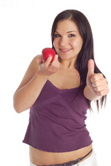 Sticker - attractive brunette woman with apple on white background