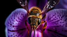 Honey Bee Pollinating A Stunning Lavender Orchid Flower. Generative AI
