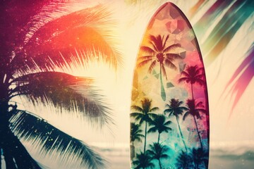 Sticker - vibrant surfboard resting on a sandy beach with tropical palm trees in the background. Generative AI