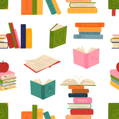 Cartoon books seamless pattern, decorative book fabric paper printable template. Education, library or bookstore classy vector background
