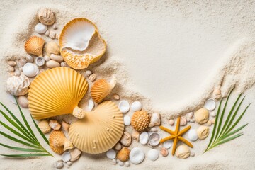 Canvas Print - seashells and starfish on a sandy beach with blue ocean in the background. Generative AI