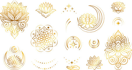 Wall Mural - Gold esoteric tattoo printable template. Boho style line elements, moon, lotus and stars. Luxury fashion bohemian vector stickers graphic design