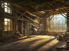 The Interior Of A Large Derelict Old Wooden Rural Barn With Atmospheric Sunlight Coming Through Windows And Scattered Farm Equipment. Generative Ai