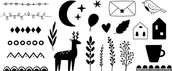 Wall Mural - Scandinavian elements graphic design. Black deer silhouettes, ethnic style doodle ornaments, moon, houses and branches. Decorative vector clipart