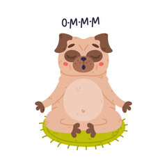 Wall Mural - Funny Pug Dog Character with Wrinkly Face Meditating in Lotus Pose Vector Illustration