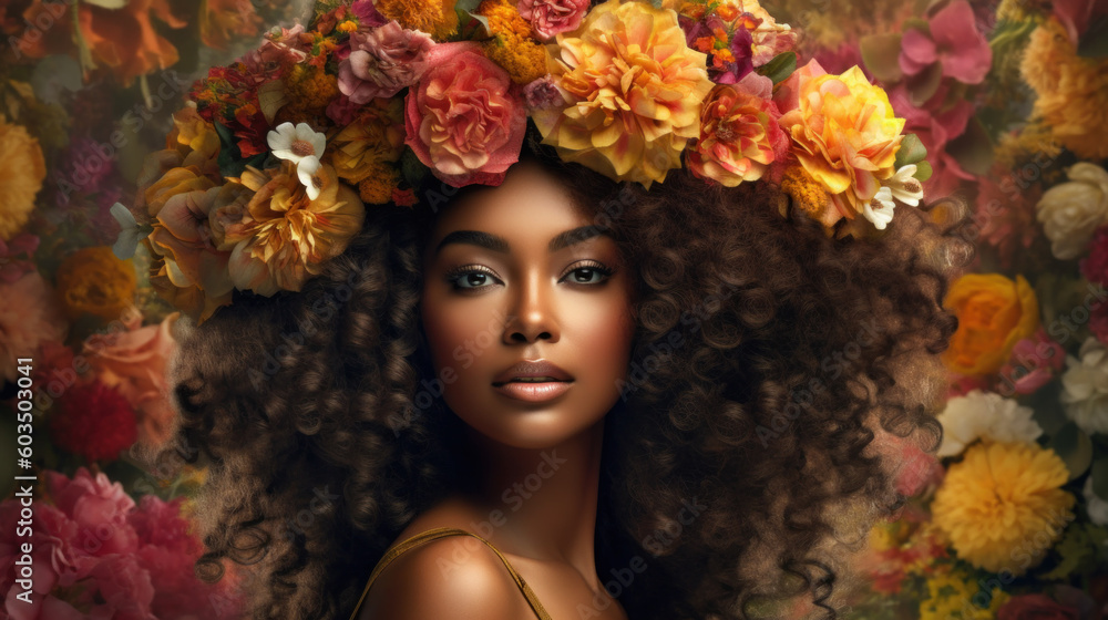 Beautiful black woman among flowers and with a hairstyle of flowers ...