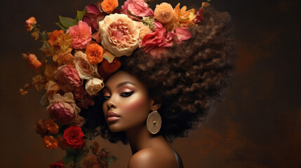 Beautiful black woman among flowers and with a hairstyle of flowers created with generative AI technology