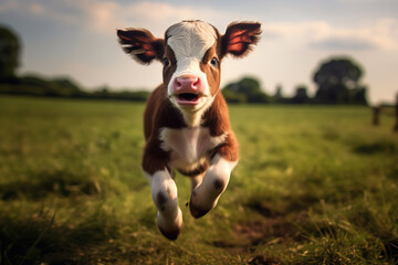 Wall Mural - cute baby calf jumping in the paddock