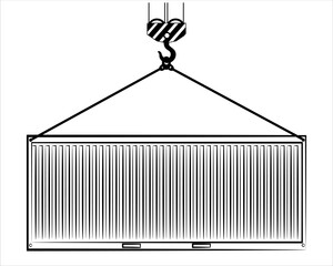 Crane lifts a container with cargo. Freight container sketch on white background. Cargo container for ship. Delivery, transportation, shipping freight transportation. Vector illustration EPS 10.