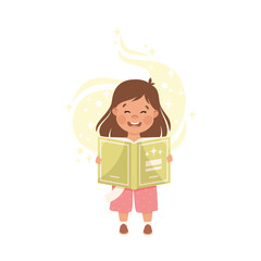 Sticker - Cute Girl Standing and Reading Open Book and Dreaming Vector Illustration