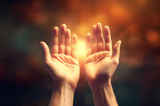 Human hands open palm up worship with faith in religion and belief in God on blessing background