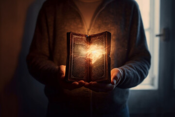 Canvas Print - Man is holding and hugging the bible on his chest with atmosphere light