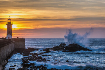 Wall Mural - View on Felgueiras Lighthouse during sunset over Atlantic in Foz do Douro area of Porto, Portugal