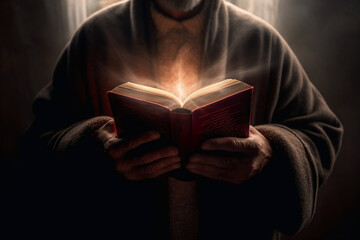 Poster - Man is holding and hugging the bible on his chest with atmosphere light