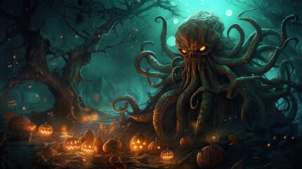 Wall Mural - cosmic horror kraken tentacle grim dark fantasy monster cthulhu - by generative ai