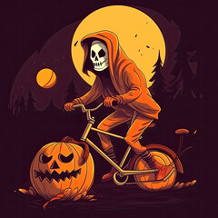 Wall Mural - halloween background with pumpkin bicycle death - by generative ai