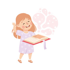 Sticker - Cute Girl Standing and Reading Open Book and Dreaming Vector Illustration