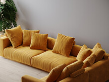 Livingroom With Accent Yellow Mustard Sofa. Ocher Color Is An Rich And Deep Tone. Large Couch With Cushions In Velor Fabric. Lounge Area In The Home. Mockup Luxury Design Room And Furniture. 3d Render