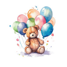 Teddy Bear With Balloons. Illustration AI Generative.