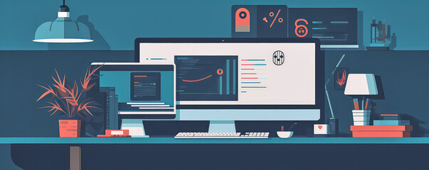 web developer banner for website, modern technical illustration, web designer, seo analysis, woocomm
