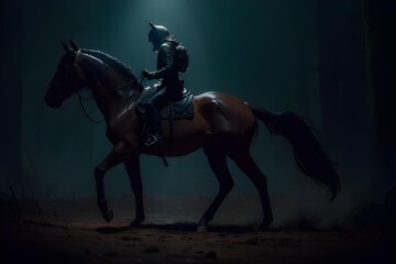 Horse rider in dark forest