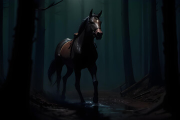 Horse rider in dark forest