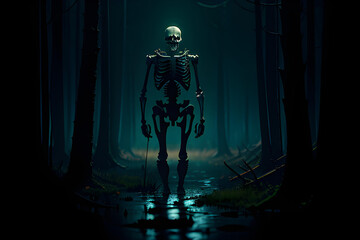 Wall Mural - Illustration of horror skeleton in dark environment