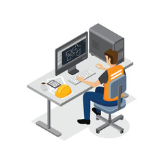 engineering designer working man sitting at his workplace working with computer program. isometric v