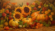 Painting Of Pumpkins And Sunflowers With Leaves