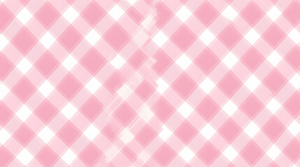 Seamless diagonal gingham plaid pattern in pastel rosy pink and white. Contemporary light barbiecore striped checker fashion background texture. Baby girl's trendy tartan textile or nursery wallp