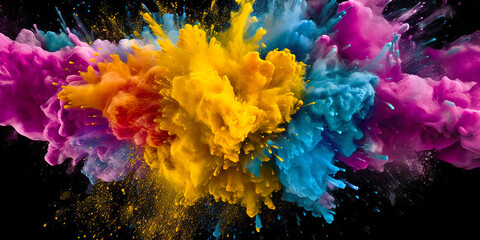 Explode of color paint, water or ink on black background, abstract pattern, generative AI.