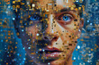 canvas print picture - Universal image of a man disintegrating into particles, cybersecurity, privacy rights, blue eyes blue background, Generative AI