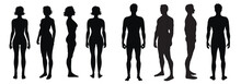 Body Full Length Silhouettes Of A Man And Woman, Front, Side, 3-4 And Back View, Vector  Illustration 