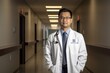 Portrait of Asian male doctor with stethoscope in hospital corridor