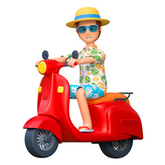 young man traveler riding motorcycle in summer holiday 3D cartoon character illustration