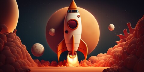 Wall Mural - illustration of a rocket in orbit close to the red planet. generative ai